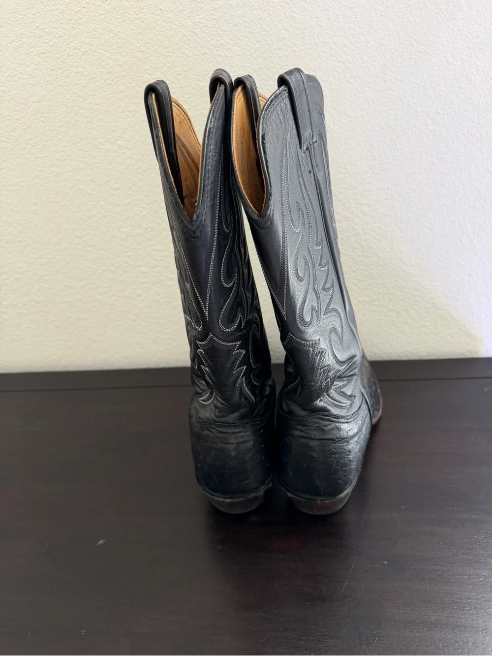 Vintage Larry Mahan Black Full Quill Ostrich Cowboy Boots White Stitching 10B M
